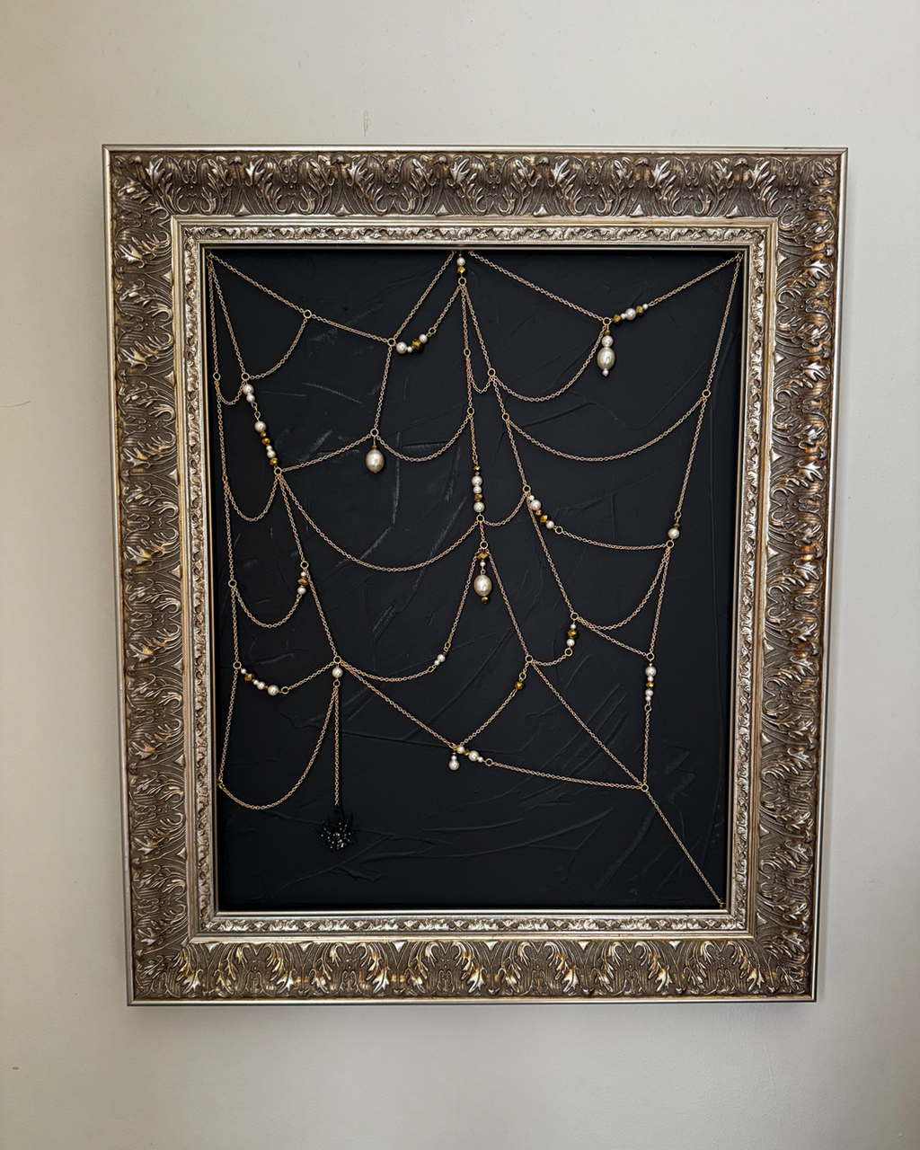 Weaver original mixed-media spiderweb artwork, full framed view