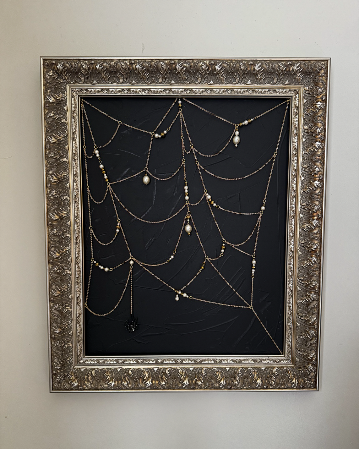 Weaver original mixed-media spiderweb artwork, full framed view